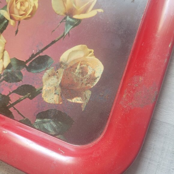 Vintage Red Floral Metal Tray 13.5" X 8.5" Rectangular With Yellow Roses Design - Picture 2 of 6